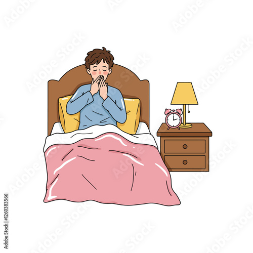 Man Yawning in Bed Cartoon Illustration Near Alarm and Lamp