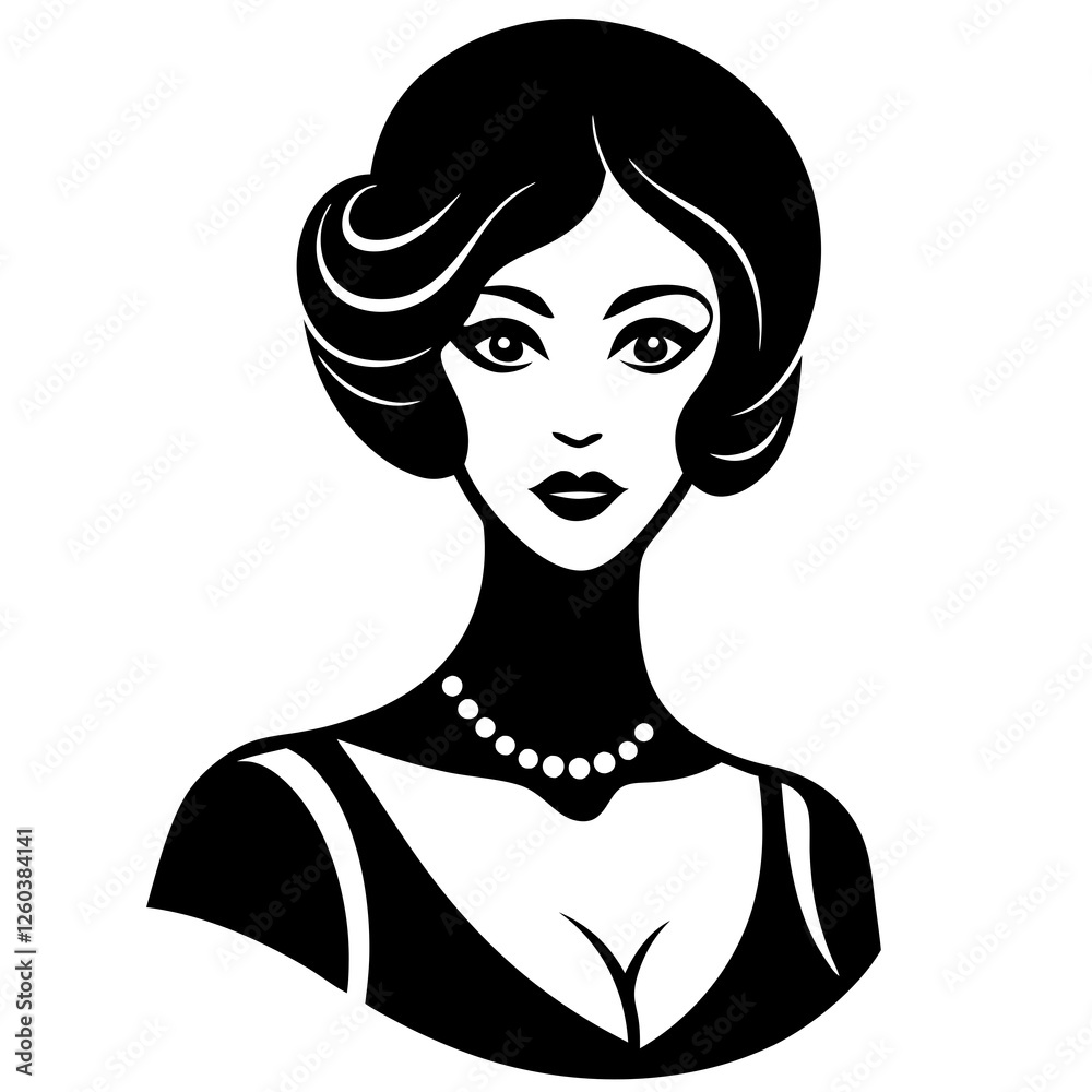 A stylized, black and white silhouette portrait of a beautiful woman in 1920s fashion., Elegant 1920s woman silhouette portrait. black silhouette vector, Simple silhouette Design vector icon, A stylized, black and white silhouette portrait of a beautiful woman in 1920s fashion., Elegant 1920s woman silhouette portrait. black silhouette vector, Simple silhouette Design vector icon,