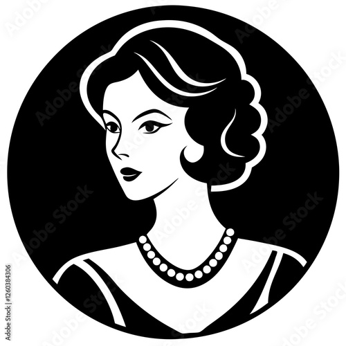 A stylized, black and white silhouette portrait of a beautiful woman in 1920s fashion., Elegant 1920s woman silhouette portrait. black silhouette vector, Simple silhouette Design vector icon,