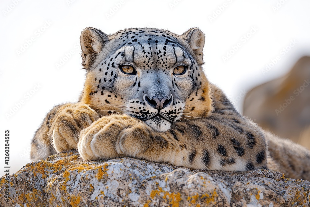 Majestic Snow Leopard Resting on Rocky Outcrop Majestic Snow Leopard Resting on Rocky Outcrop