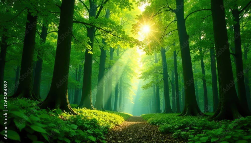 Obraz premium Dense forest with towering trees, sunlight filtering through leaves, forest, leaves