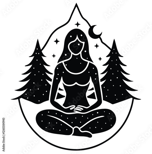 Experience cosmic tranquility with this celestial silhouette meditating under the stars in nature.
