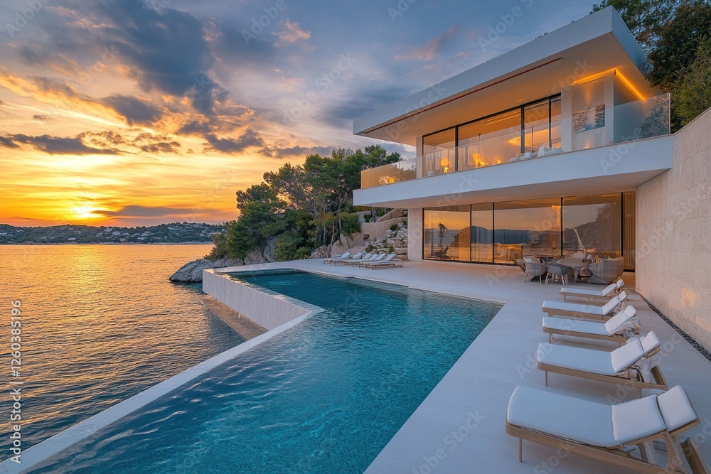 Fototapeta premium Luxury Waterfront Villa: Infinity Pool Sunset Views, Modern Architecture Design, Tranquil Oceanside Escape, Perfect Getaway