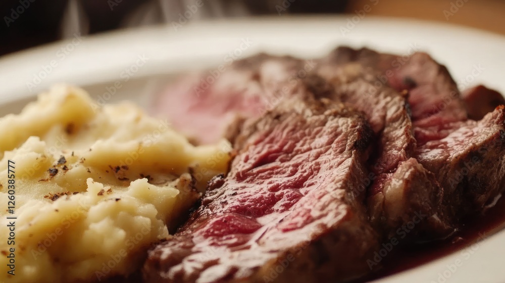 Delicious juicy medium rare steak served with mashed potatoes meal Delicious juicy medium rare steak served with mashed potatoes meal