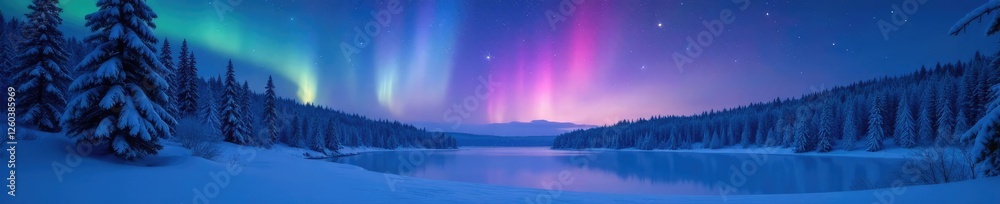 Frosty forest landscape with snow-covered trees and frozen lake under starry aurora sky, night, snow Frosty forest landscape with snow-covered trees and frozen lake under starry aurora sky, night, snow