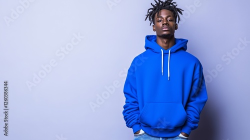 Homme posant avec un pull bleu sur fond clair. Photo de mode en studio. photo