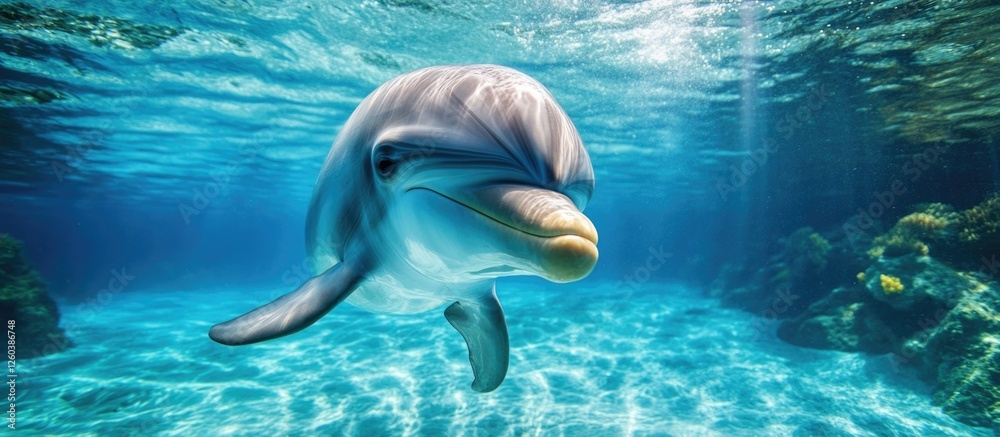 Fototapeta premium Dolphins swimming gracefully underwater in the crystal clear waters of the Azores islands showcasing a popular tourist attraction