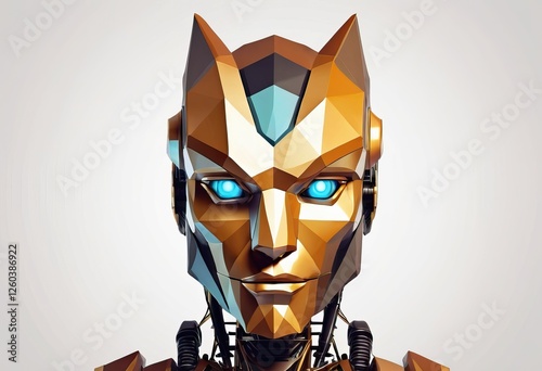 Futuristic robotic humanoid with feline features, blue eyes, polygonal design photo