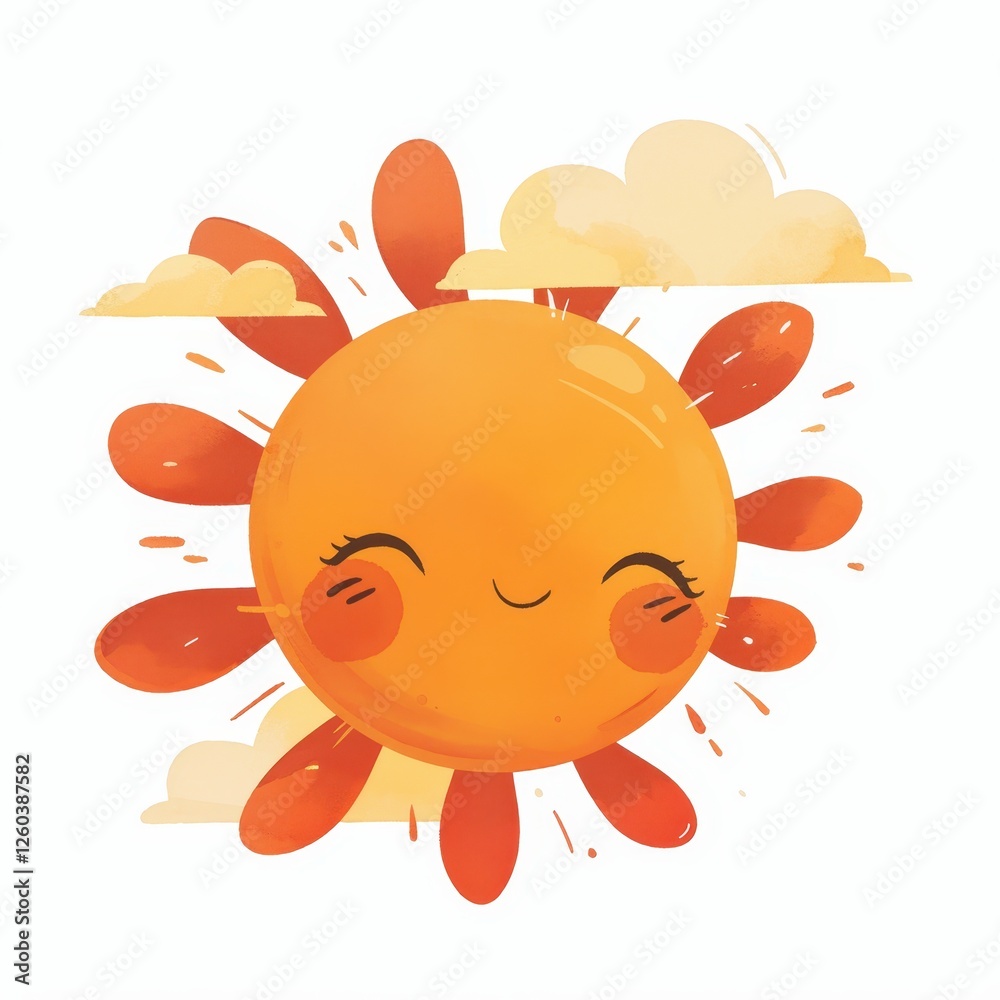 Happy Cartoon Sun with Clouds Smiling Summer Sun Illustration Childish Design Happy Cartoon Sun with Clouds Smiling Summer Sun Illustration Childish Design