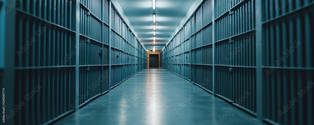 Criminal Law Restrictions concept. Dimly lit prison hallway with metal bars and an open door at the end. Criminal Law Restrictions concept. Dimly lit prison hallway with metal bars and an open door at the end.