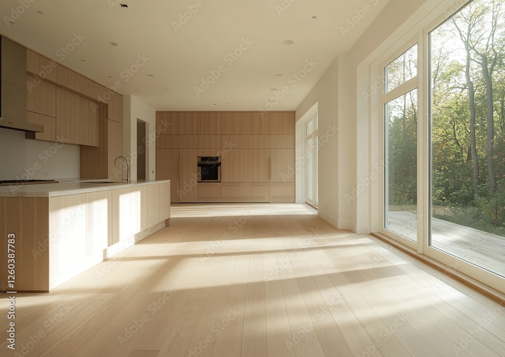 Sunlight Streams into Modern Minimalist Kitchen with Wooden Cabinets and Hardwood Floors, Creating a Serene Atmosphere. Sunlight Streams into Modern Minimalist Kitchen with Wooden Cabinets and Hardwood Floors, Creating a Serene Atmosphere.