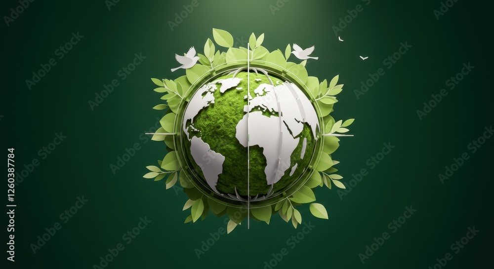 A 3D paper-cut style globe with a lush, miniature forest growing inside and the globe is surrounded by delicate leaves and birds symbolizing environmental harmony A 3D paper-cut style globe with a lush, miniature forest growing inside and the globe is surrounded by delicate leaves and birds symbolizing environmental harmony