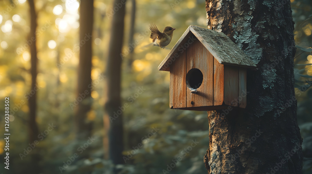 Old wooden birdhouse hanging on a tree trunk in a natural setting Old wooden birdhouse hanging on a tree trunk in a natural setting
