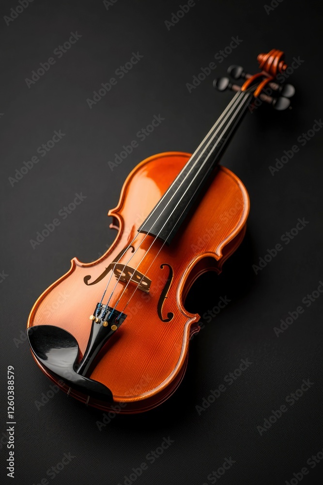 A polished violin rests on a dark surface A polished violin rests on a dark surface