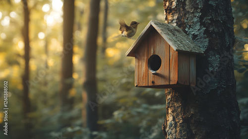 Old wooden birdhouse hanging on a tree trunk in a natural setting