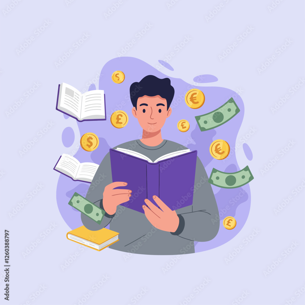 Man Reading Book with Money and Knowledge Concept for Finance Man Reading Book with Money and Knowledge Concept for Finance