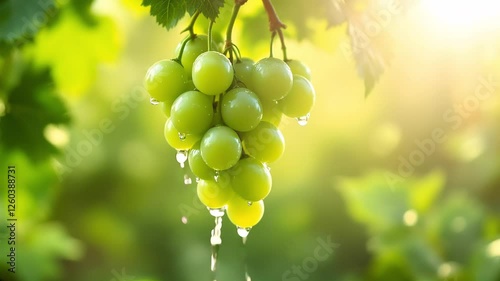 Close-up of green grapes bunch  on a with droplets of water.