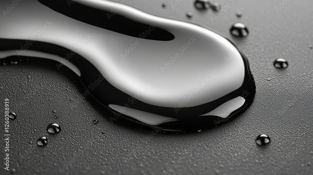 Obraz premium Liquid Reflections: Abstract Black Fluid on Dark Surface. Close-up view of a glossy, viscous substance with detailed texture and reflections.