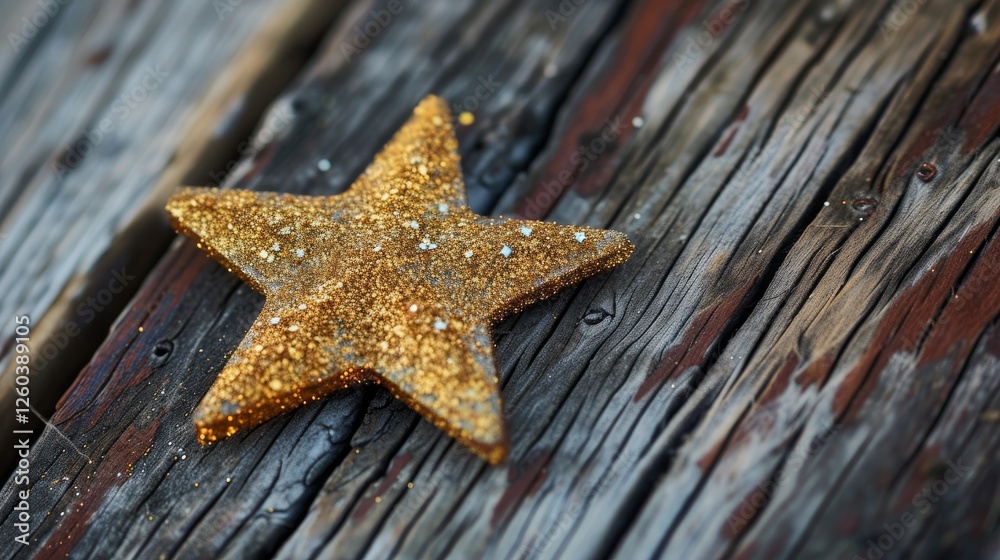Close-up of a golden glitter star resting on weathered wooden planks, offering a festive and vintage vibe perfect for holiday or decorative themes. AI generated.
