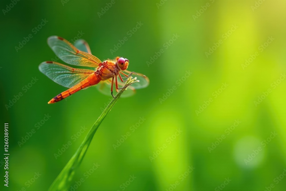 Orange dragonfly hovers above a stunning green meadow, green meadow, entomology Orange dragonfly hovers above a stunning green meadow, green meadow, entomology