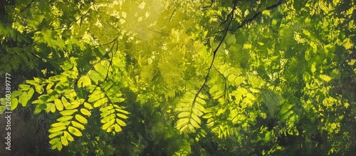 Sunlight filtering through vibrant green leaves creating a serene, natural ambiance in a lush forest setting. photo