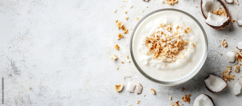 Vegan Coconut Milk Yogurt Parfait with Toppings and Space for Custom Text Display Vegan Coconut Milk Yogurt Parfait with Toppings and Space for Custom Text Display