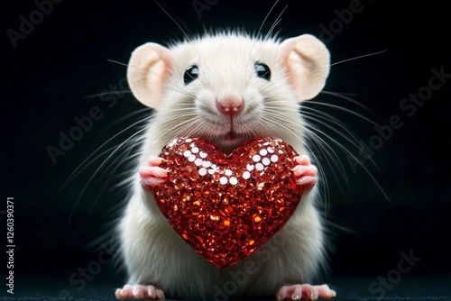 Ad animal concept art. White rat - my desired animal. Cute white rat baby with sparkling rhinestones red heart on in a natural habitat. Sweet forest love story. Tender wildlife moment. photo