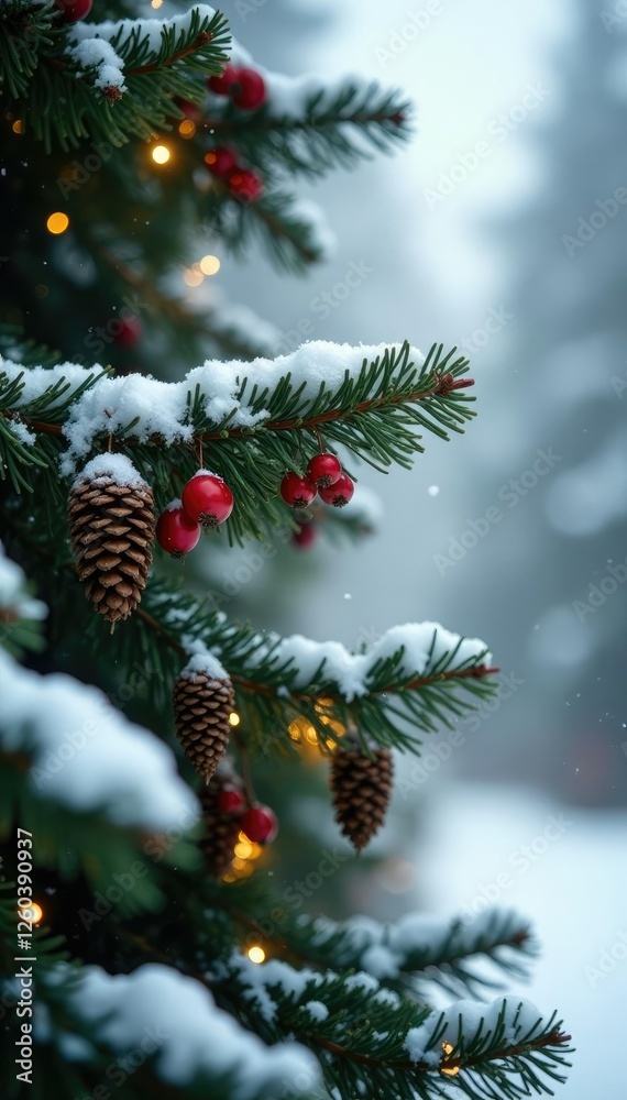 Snow-covered evergreen branch with golden berries and pinecones, Christmas, snow, berries Snow-covered evergreen branch with golden berries and pinecones, Christmas, snow, berries
