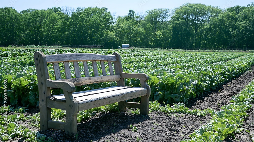 Wooden bench in a tranquil farm field, lush greenery backdrop, peaceful rural scene, perfect for relaxation Wooden bench in a tranquil farm field, lush greenery backdrop, peaceful rural scene, perfect for relaxation