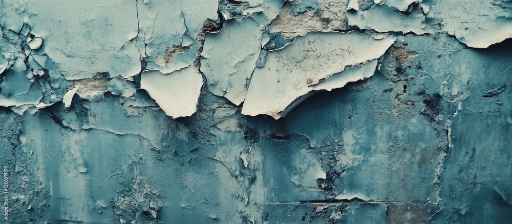 Obraz premium Weathered building facade with peeling plaster and grunge textures ideal for retro backgrounds and abstract web banners with copy space.