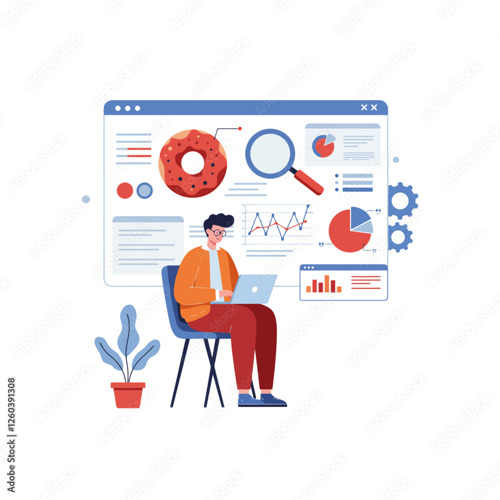Analyzing Data with Laptop Donut Chart and Search Magnifier Illustration Analyzing Data with Laptop Donut Chart and Search Magnifier Illustration