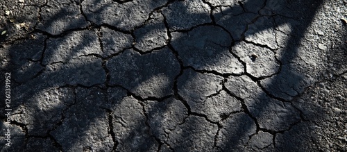 Tree shadows create an intriguing contrast against cracked asphalt, highlighting textures and patterns in natural and urban environments. photo