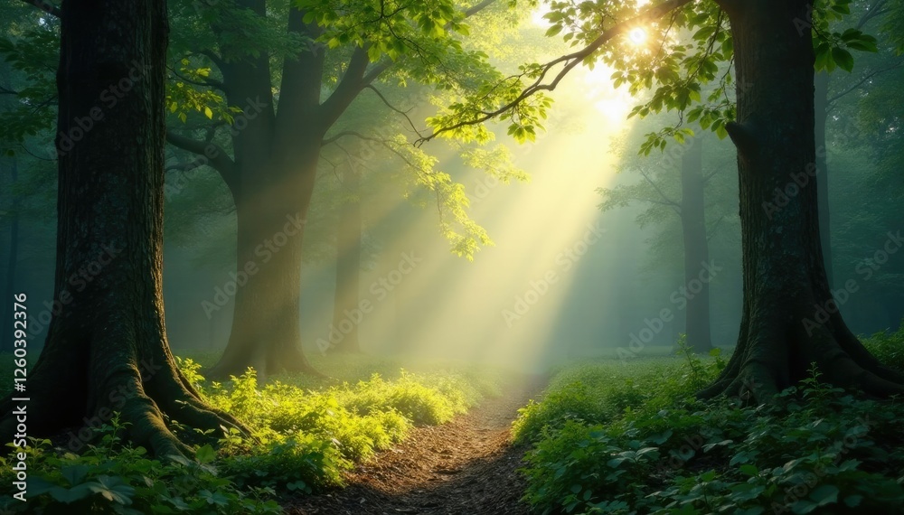 Sunlight breaks through misty veil in a forest glade, atmosphere, serene Sunlight breaks through misty veil in a forest glade, atmosphere, serene