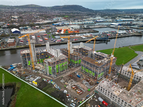 Construction Work near the River Lagan, Aerial shot Belfast Northern Ireland. 