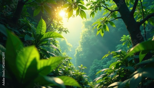 Sunlight casting shadows on rainforest leaves, dappled light, natural shade, forest foliage