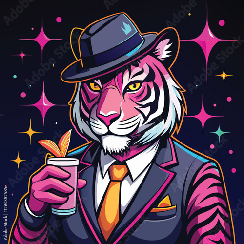 A suave tiger in a suit and fedora holds a cocktail against a backdrop of twinkling stars.