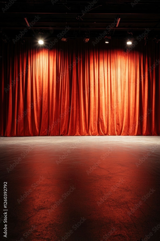 Fototapeta premium Illuminated Stage with Red Velvet Curtains and Empty Floor