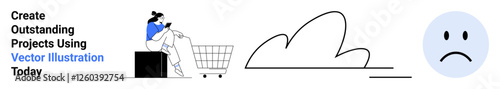 Woman holding a phone sits on a shopping cart, minimalist cloud sketch, and sad face icon. Ideal for e-commerce, online shopping, emotions, digital apps, social issues, minimal designs flat landing