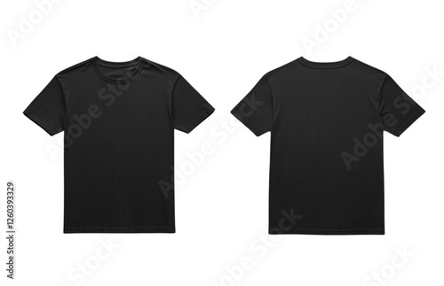 Black t-shirt template mockup, front and back views, isolated on a white background.  