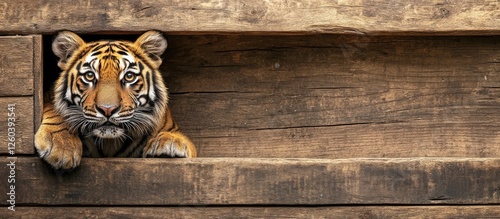 Tiger peeking from wooden box with space for text perfect for wildlife themes or promotional materials photo