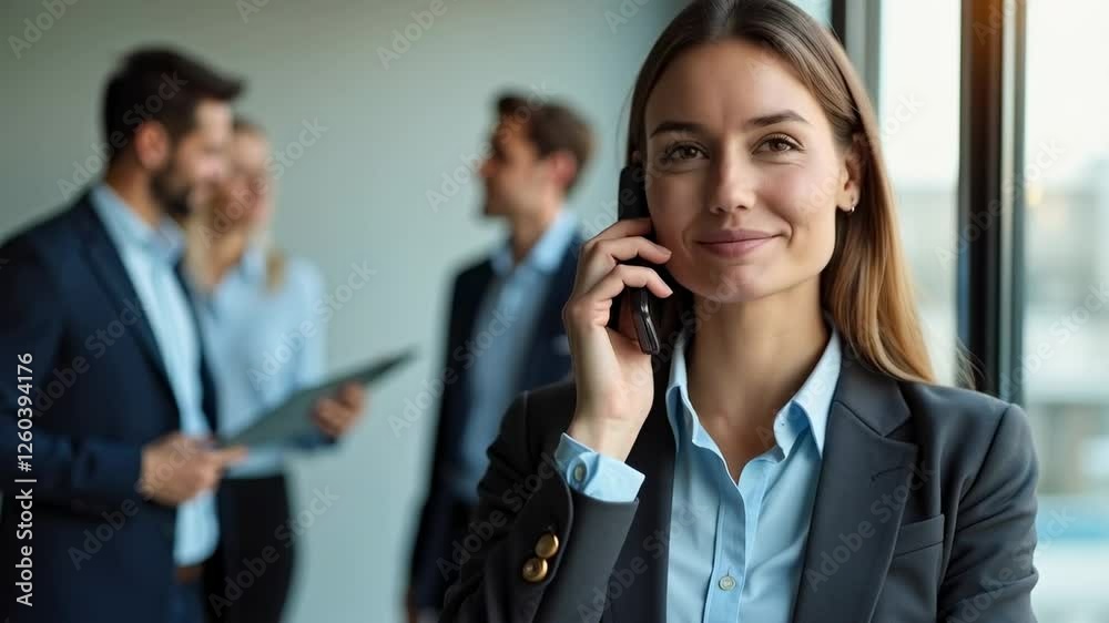 A Confident Businesswoman Engaging in a Phone Conversation with Colleagues in a Modern Office Environment, Demonstrating Professionalism and Teamwork A Confident Businesswoman Engaging in a Phone Conversation with Colleagues in a Modern Office Environment, Demonstrating Professionalism and Teamwork
