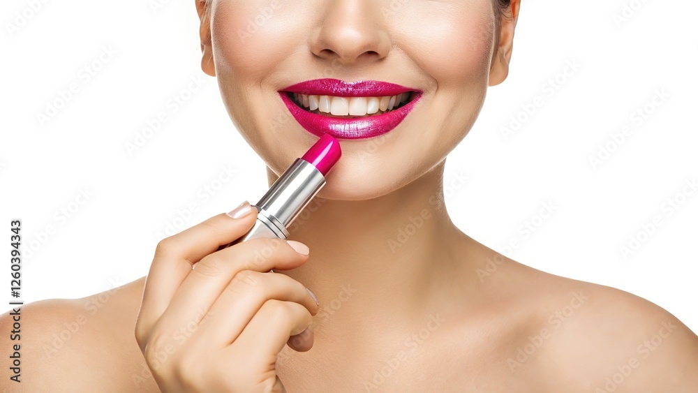 A woman shows a brightly coloured lipstick applied to her lips, holding a tube of lipstick to her mouth. Lipstick advert A woman shows a brightly coloured lipstick applied to her lips, holding a tube of lipstick to her mouth. Lipstick advert