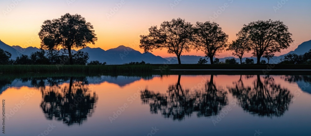 Fototapeta premium Serene twilight landscape with silhouetted trees and their reflections on still water against a colorful sunset sky