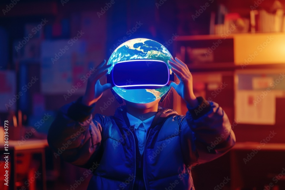 Child Experiencing Virtual Reality with Earth as a Head Graphic Child Experiencing Virtual Reality with Earth as a Head Graphic