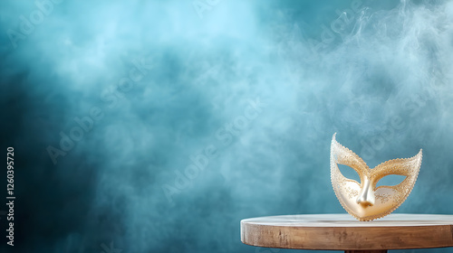 A gold Venetian mask on a wooden table with soft mist surrounding it, evoking elegance and mystery. Perfect for masquerade ball events or cultural celebrations. Selective focus photo