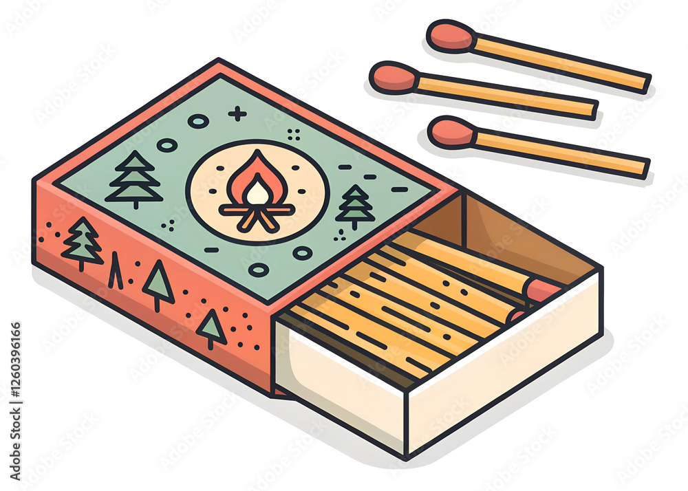 A matchbox with matches inside and a few on top.
A matchbox with matches inside and a few on top.