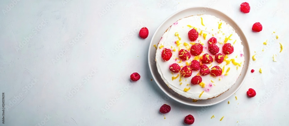 Halved cheesecake garnished with fresh raspberries and lemon zest on a white background with space for text or branding messages Halved cheesecake garnished with fresh raspberries and lemon zest on a white background with space for text or branding messages