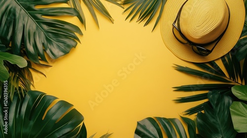 Tropical Travel Flat Lay with Palm Leaves Yellow Hat and Sunglasses on Vibrant Yellow Background for Summer Vacation Promotion photo