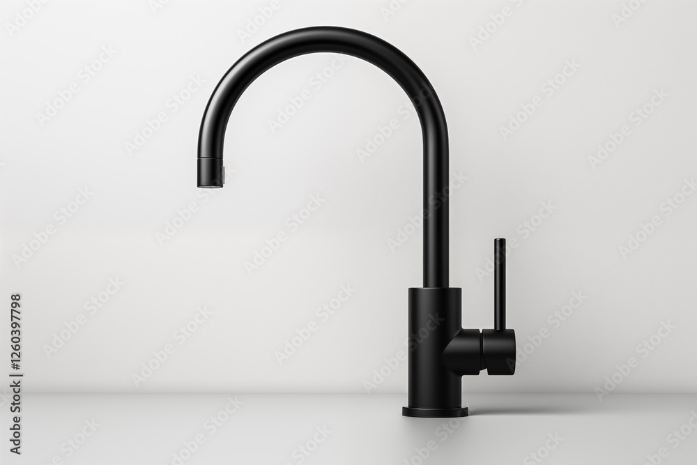 Matte black modern kitchen faucet with a sleek curved design. This stylish faucet adds contemporary touch to kitchen interiors with its minimalist structure. Matte black modern kitchen faucet with a sleek curved design. This stylish faucet adds contemporary touch to kitchen interiors with its minimalist structure.