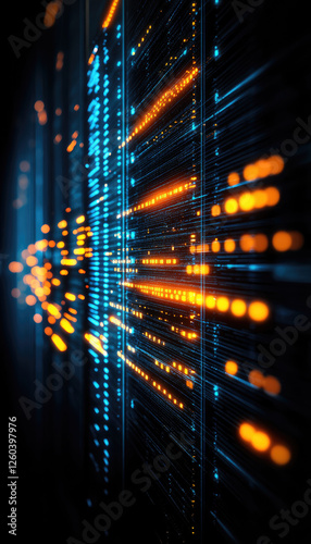 A vibrant, abstract digital visualization featuring glowing lines and dots in shades of blue and orange, representing data flow or information transfer.